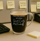 Funny 16oz Glass Mug – “Patience of a Saint” Sarcastic Coffee Cup for Adults